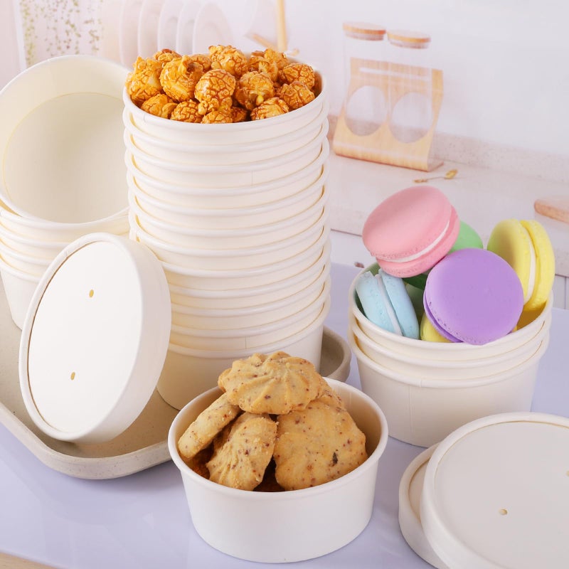 Belinlen 50 SET 5 OZ Disposable White Ice Cream Cups with Lids Medium Hot and Cold To Go Cups Paper Cup Takeout Food Container - Image 5